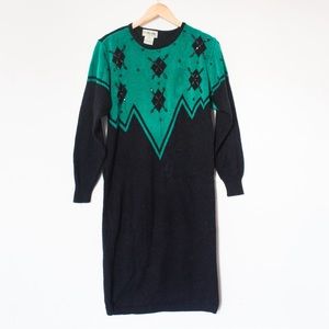 Plain Jane | Vintage 80’s/90’s Teal & Black Bejeweled Sweater Dress | Size S